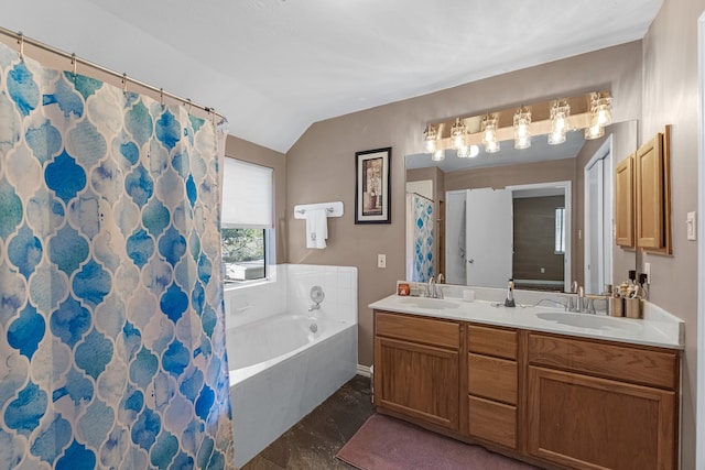 bathroom with shower with separate bathtub, vaulted ceiling, hardwood / wood-style floors, and vanity