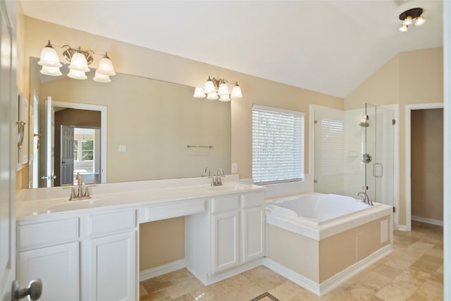 bathroom featuring vanity, plus walk in shower, lofted ceiling, and tile patterned floors