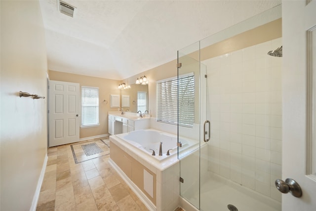 bathroom with vanity, plus walk in shower, and tile patterned floors