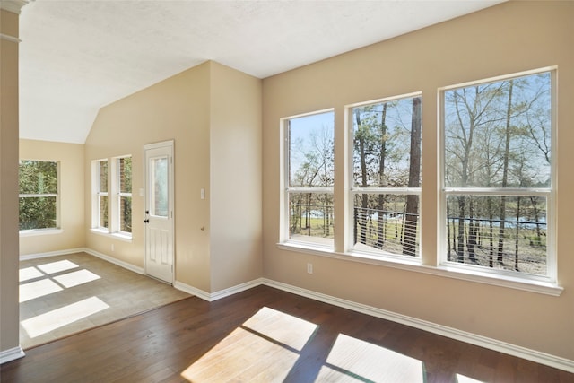 foyer entrance with lofted ceiling and dark hardwood / wood-style flooring