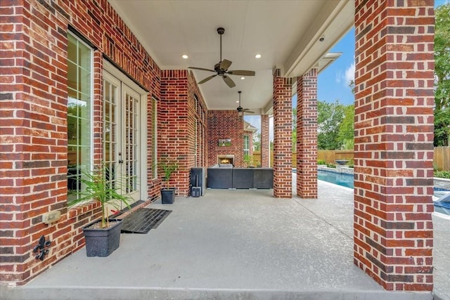 15026 Blossom Bay Dr, Houston, TX 77059 - view of patio with french doors, a ceiling fan, and an outdoor pool