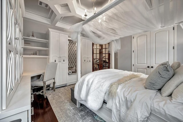 15026 Blossom Bay Dr, Houston, TX 77059 - bedroom with refrigerator, coffered ceiling, crown molding, dark wood-style floors, and visible vents