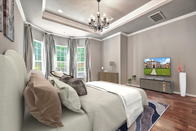15026 Blossom Bay Dr, Houston, TX 77059 - bedroom featuring a tray ceiling, wood finished floors, visible vents, ornamental molding, and an inviting chandelier