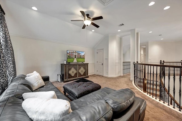 15026 Blossom Bay Dr, Houston, TX 77059 - carpeted living area featuring visible vents, baseboards, recessed lighting, a ceiling fan, and lofted ceiling