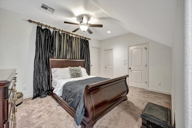 15026 Blossom Bay Dr, Houston, TX 77059 - bedroom featuring a ceiling fan, light carpet, lofted ceiling, baseboards, and visible vents