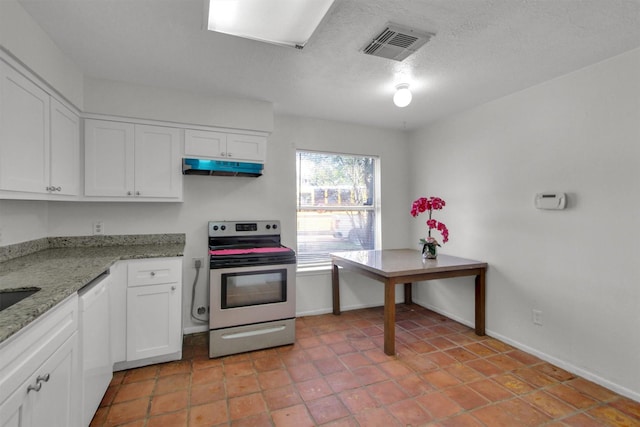 kitchen with white cabinets, light stone countertops, dishwasher, and stainless steel range with electric cooktop