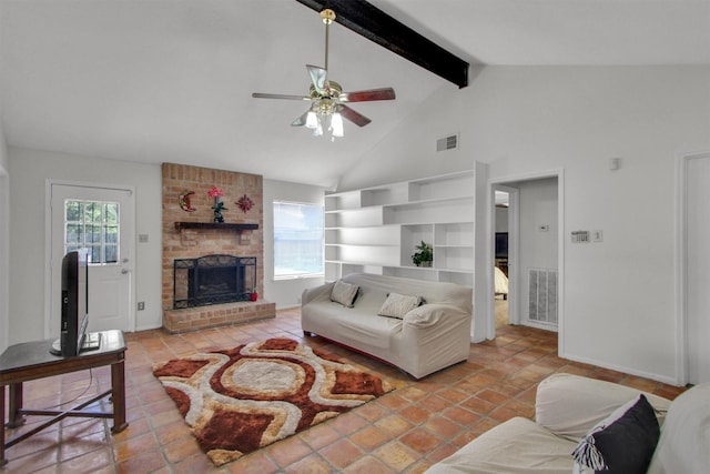 living room with beam ceiling, high vaulted ceiling, ceiling fan, and a healthy amount of sunlight