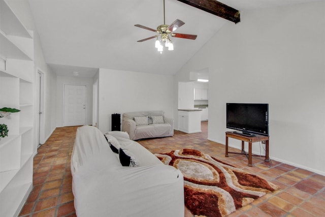 living room featuring beam ceiling, ceiling fan, and high vaulted ceiling