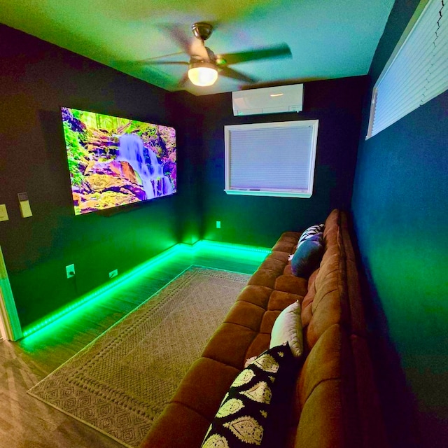 interior space featuring carpet, ceiling fan, and a wall mounted air conditioner