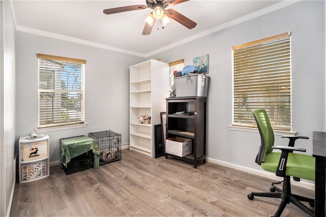 office featuring ornamental molding, ceiling fan, and light hardwood / wood-style flooring