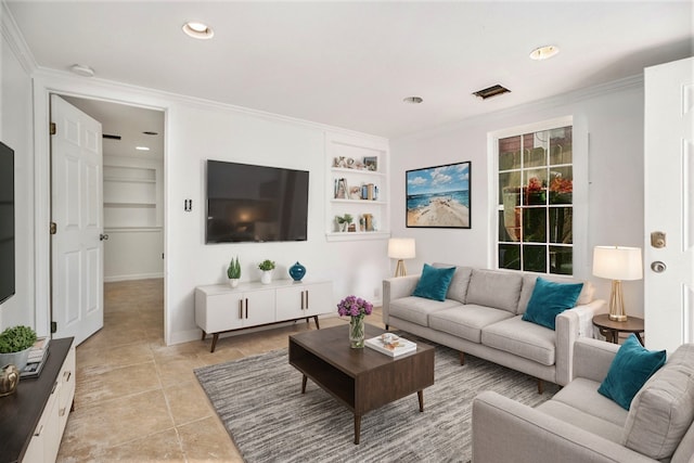 living room with light tile patterned flooring and crown molding