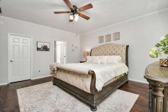 bedroom with ceiling fan, dark hardwood / wood-style flooring, ornamental molding, and ensuite bath