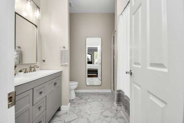 bathroom featuring vanity, curtained shower, and toilet