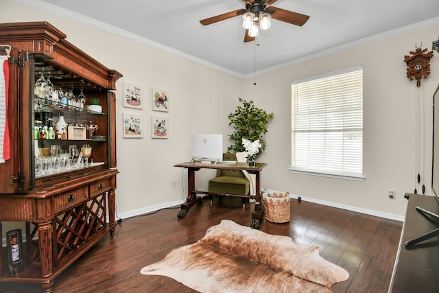 office space with dark hardwood / wood-style flooring, ceiling fan, and ornamental molding