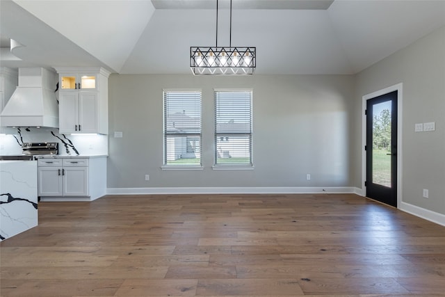 interior space with wood-type flooring, white cabinetry, and custom exhaust hood