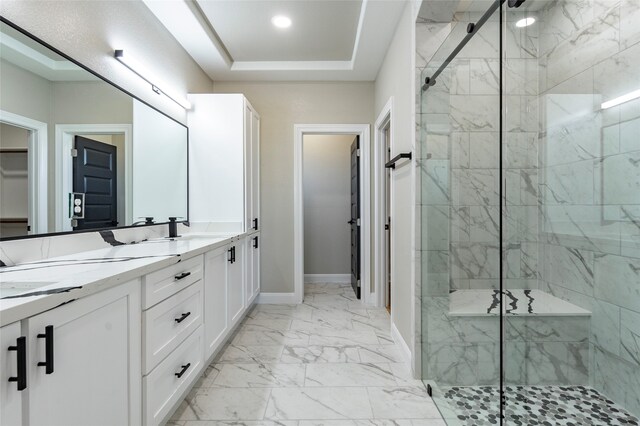 bathroom featuring a raised ceiling, walk in shower, and vanity