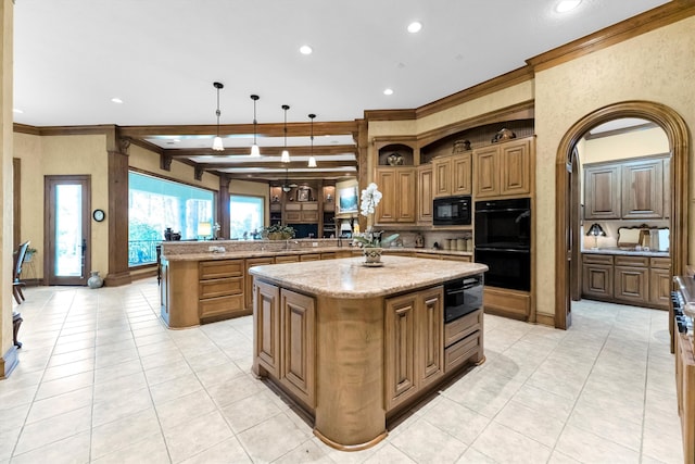 kitchen with pendant lighting, an island with sink, kitchen peninsula, black appliances, and light tile patterned floors