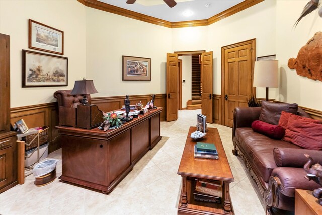 tiled office with ornamental molding and ceiling fan