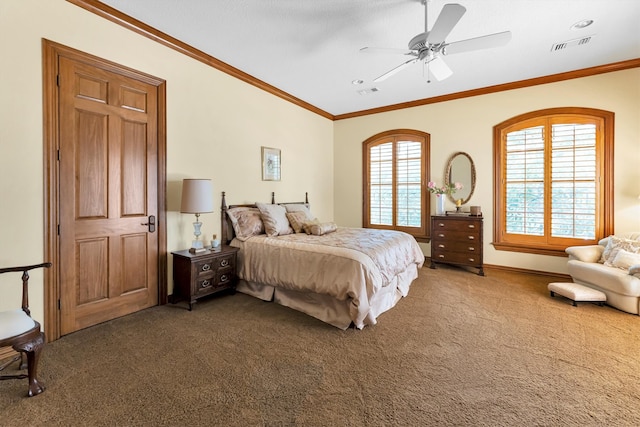 bedroom featuring ceiling fan, ornamental molding, and carpet flooring