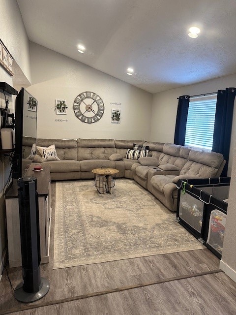 living room featuring hardwood / wood-style floors and lofted ceiling