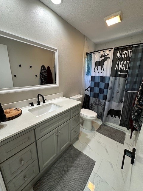 bathroom with vanity, a textured ceiling, toilet, and a shower with curtain