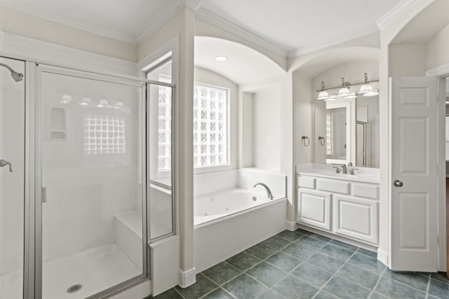 bathroom with crown molding, tile patterned flooring, vanity, and separate shower and tub