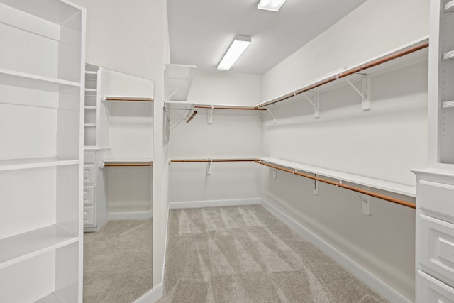 walk in closet featuring light colored carpet