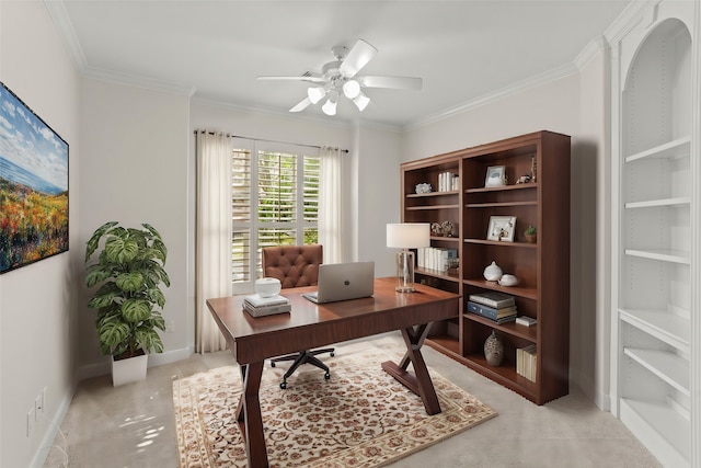 office area featuring ceiling fan and ornamental molding