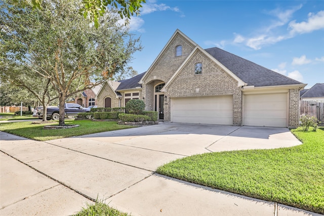 view of front of house with a garage and a front lawn