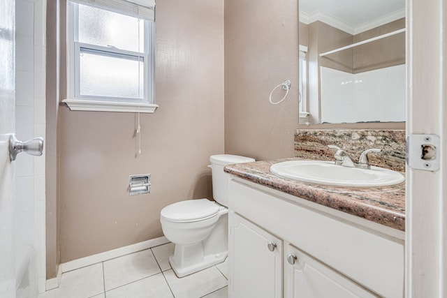 bathroom with walk in shower, tile patterned floors, crown molding, vanity, and toilet