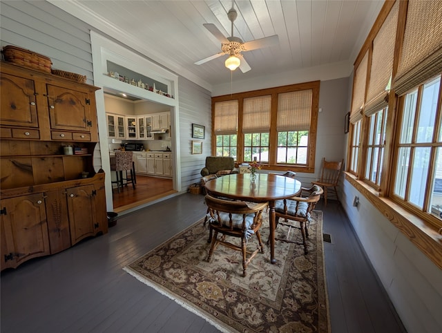 dining area with dark hardwood / wood-style floors, wooden walls, crown molding, ceiling fan, and wooden ceiling