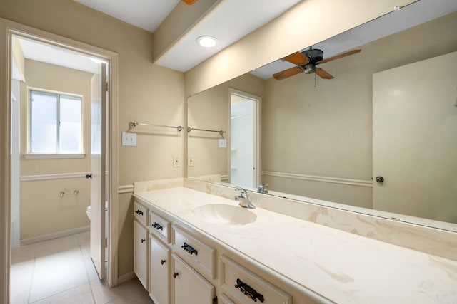 bathroom with vanity, toilet, ceiling fan, and tile patterned floors