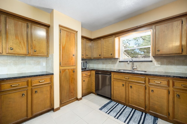 kitchen featuring dark stone countertops, dishwasher, sink, and tasteful backsplash