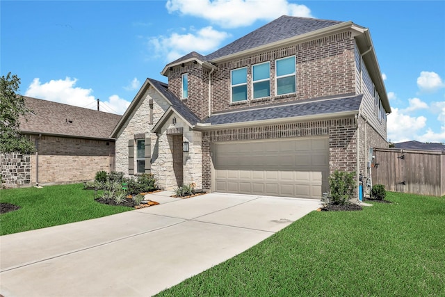 view of front of property with a garage and a front lawn