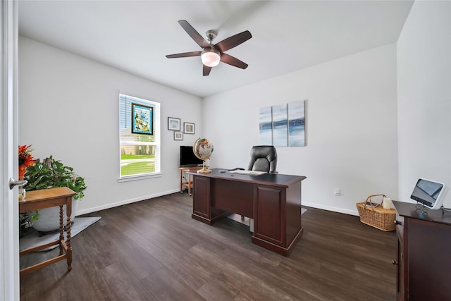 office space with ceiling fan and dark wood-type flooring