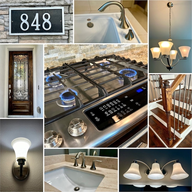 interior space featuring cooktop, sink, and an inviting chandelier