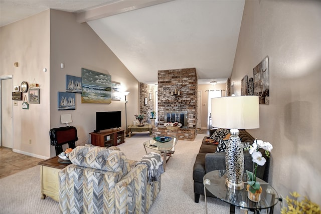 living room with vaulted ceiling with beams, carpet, and a brick fireplace