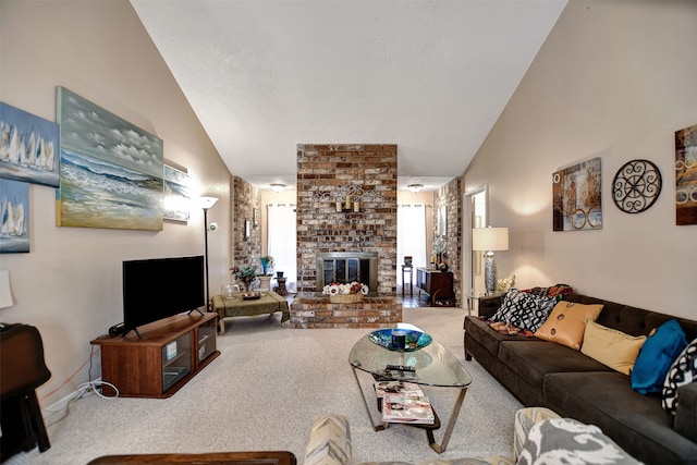 carpeted living room with vaulted ceiling and a brick fireplace