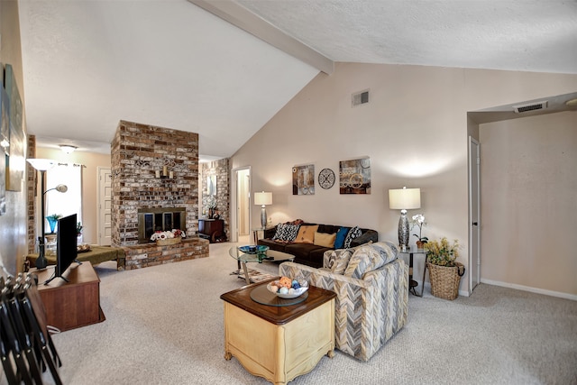 carpeted living room with high vaulted ceiling, beam ceiling, and a fireplace