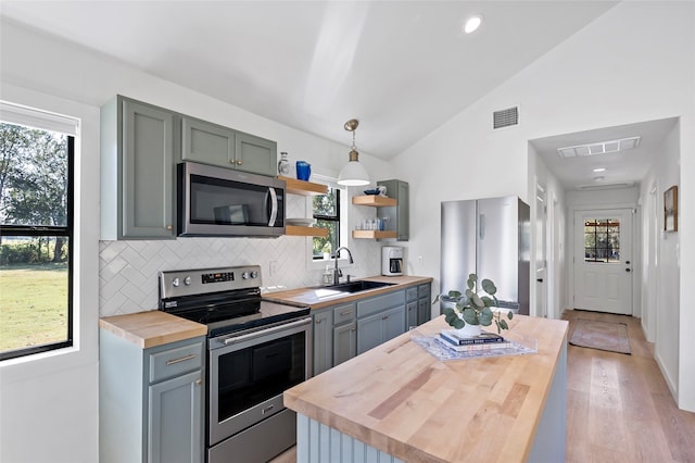 kitchen featuring stainless steel appliances, plenty of natural light, and wooden counters