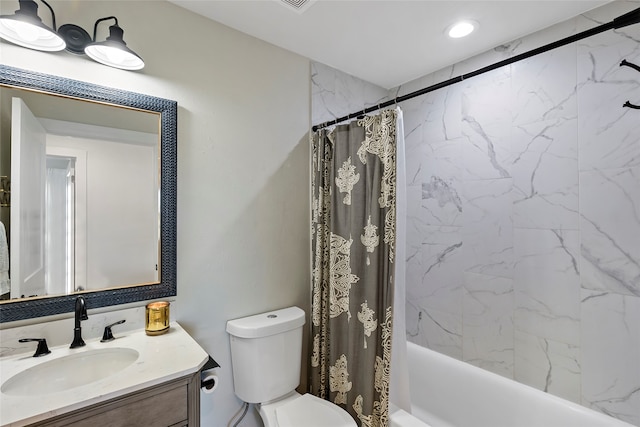 full bathroom featuring shower / bathtub combination with curtain, toilet, and vanity