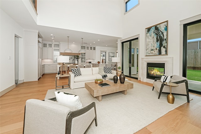 living room featuring a towering ceiling and light hardwood / wood-style floors