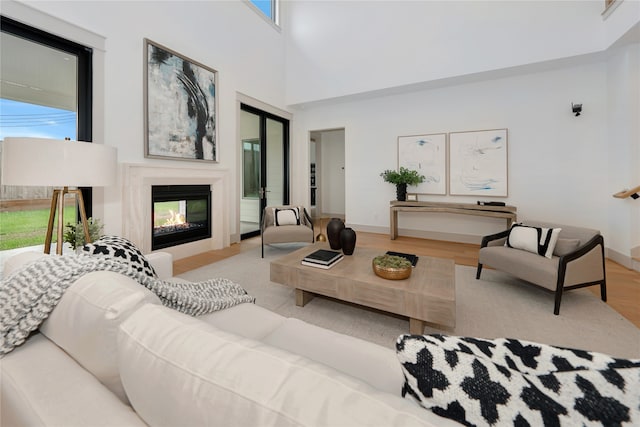 living room featuring light hardwood / wood-style flooring and a towering ceiling