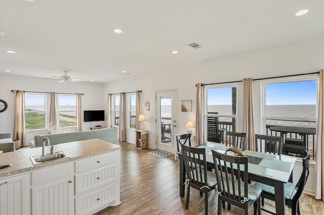 dining space with light hardwood / wood-style flooring, plenty of natural light, and sink