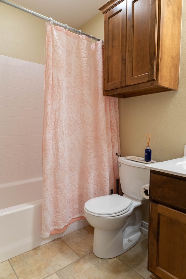 full bathroom with shower / bath combination with curtain, tile patterned flooring, vanity, and toilet