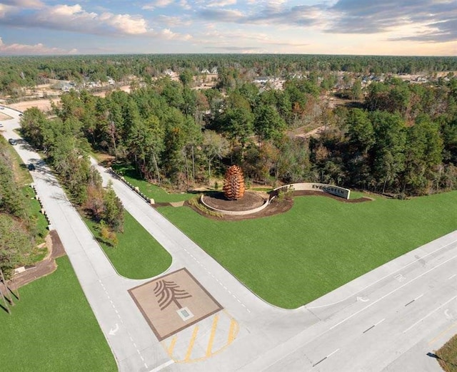 birds eye view of property featuring a view of trees