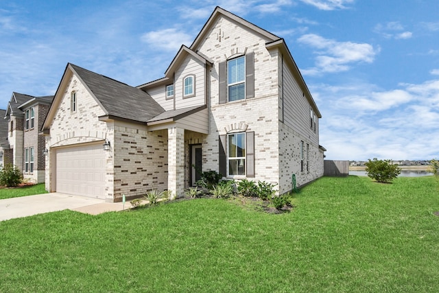 view of front of property with a front lawn and a garage