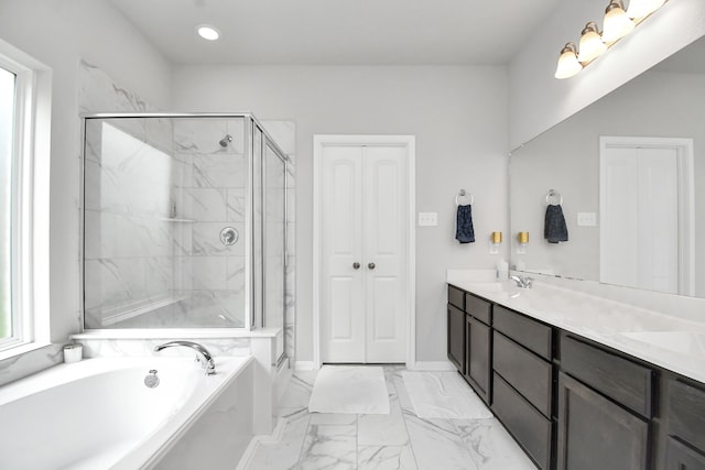 bathroom with vanity and plus walk in shower