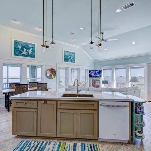 kitchen with plenty of natural light, white dishwasher, vaulted ceiling, and sink