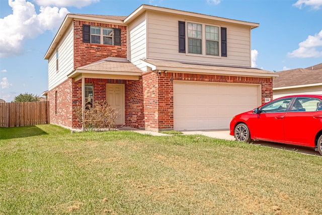 view of front property featuring a garage and a front lawn